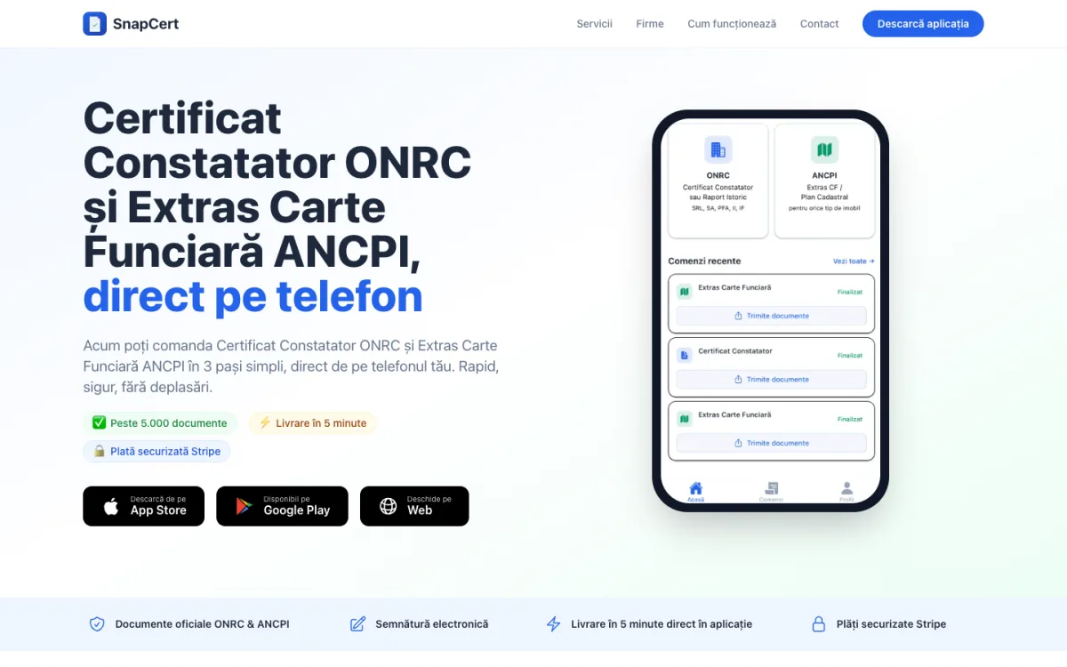 SnapCert - Platformă Web Documente ONRC & ANCPI